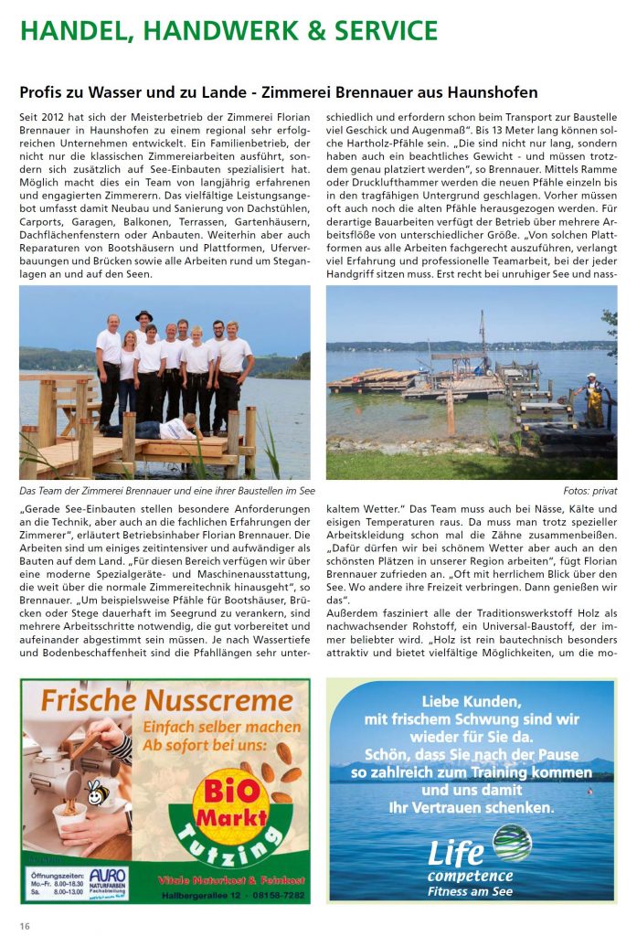 Bericht zur Zimmerei Brennauer aus den Tutzinger Nachrichten mit dem Titel Profis zu Wasser und zu Lande aus der Ausgabe 9 im Jahr 2020